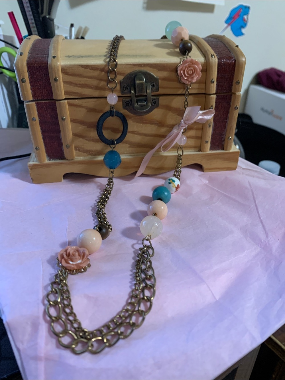 Long Pink and Teal Beaded Necklace with Rose Accents